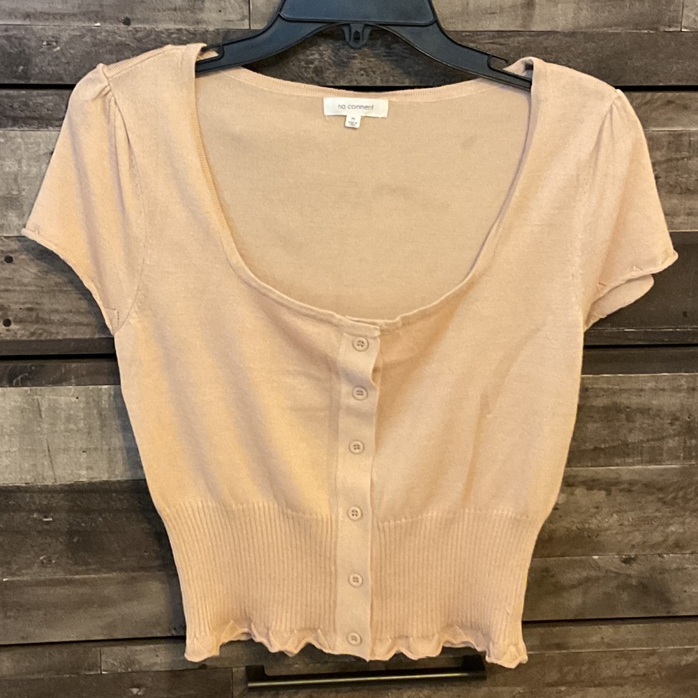 No Comment Light Beige Short Sleeve Button-Down Knit Top